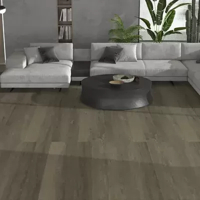 Sofá modular cinza com almofadas, mesa de centro preta, plantas e chão de madeira