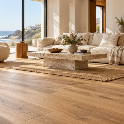 Sala de estar moderna com sofá e poltrona bege, mesa de pedra, tapete e vista para o mar