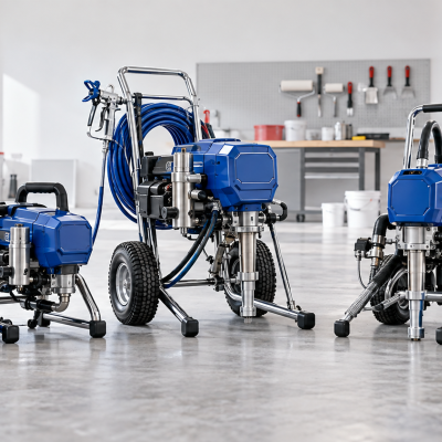 Equipamentos industriais de pulverização azuis com mangueiras azuis em oficina clara com ferramentas e baldes.