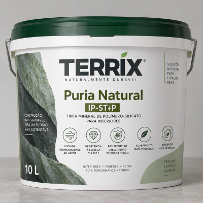 Pote de tinta mineral Terrix Puria Natural com texto e ícones no rótulo