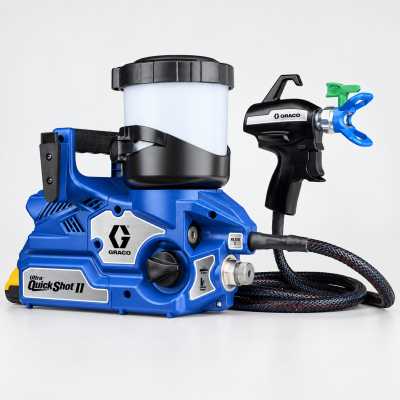 Máquina pulverizadora GRACO Ultra QuickShot 11 azul com recipiente branco e pistola preta