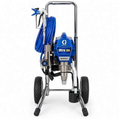 Equipamento de pintura pneumática com mangueira azul e pistola