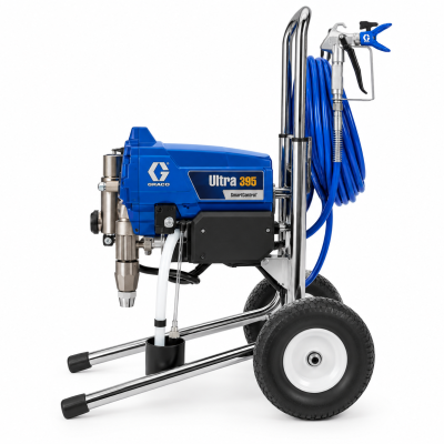 Eletropistola de pintura azul Graco Ultra 395 com estrutura cromada e rodas pretas.