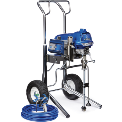 Blue and metal airless paint sprayer with wheels and blue hose on white background