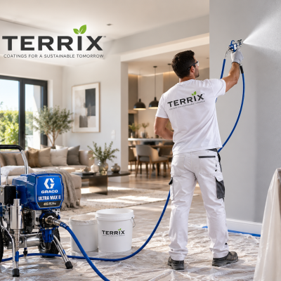 Homem a pintar parede cinza com pistola de pulverização e máquina azul GRACO ULTRA MAX II no interior de uma casa moderna.
