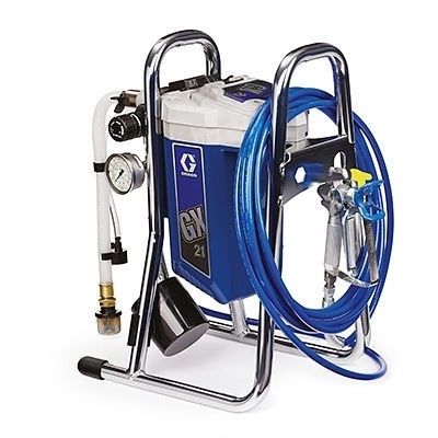 Graco GX21 airless paint sprayer with blue hose and spray gun on chrome frame
