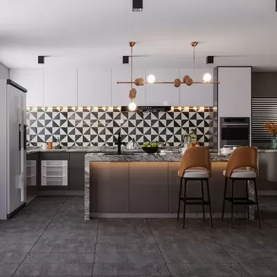 Cozinha moderna com ilha em mármore, azulejos geométricos e cadeiras de bar castanhas