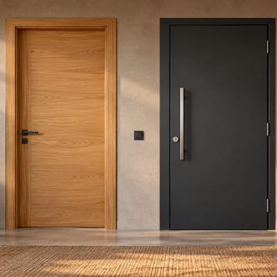 Duas portas interiores, uma de madeira clara e outra preta, com decoração moderna e plantas ao redor