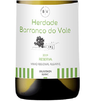 Herdade Barranco do Vale - Sauvignon Blanc - Reserva - Branco Rótulo branco de garrafa de vinho Herdade Barranco do Vale com texto e ilustração em verde e preto
