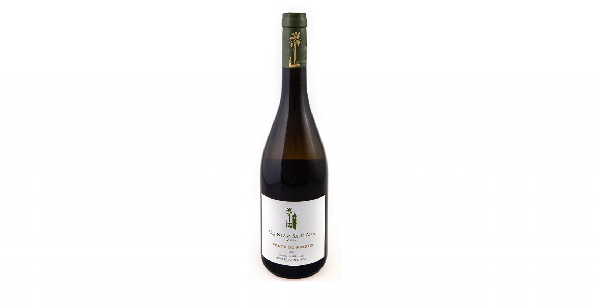 Quinta de Sant'Ana Forte do Picoto - Alvarinho Garrafa de vinho Syrah com rótulo branco e tampa verde-escura sobre fundo branco