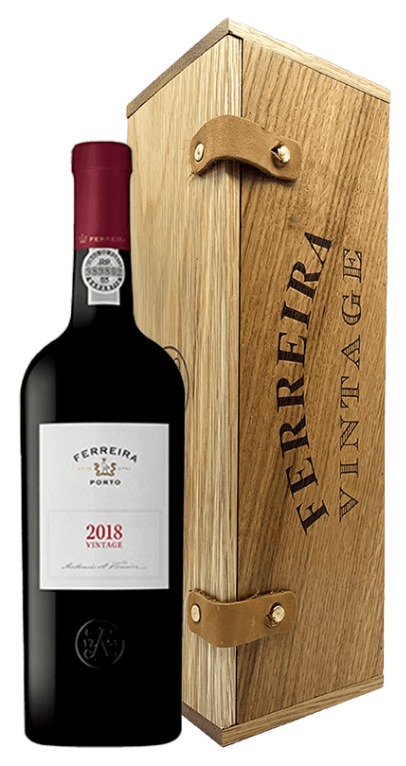 Porto Ferreira Vintage 2018 Garrafa de vinho tinto Ferreira Porto 2018 com caixa de madeira