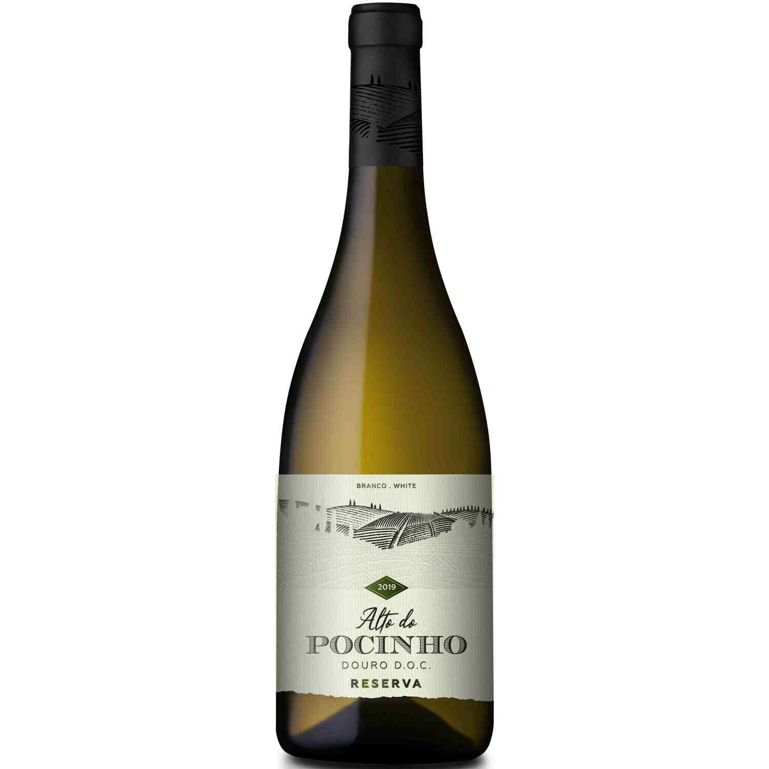 Quinta dos Termos Branco Reserva ALTO DO POCINHO Douro DOC 2020 Garrafa de vinho branco Alto de Pocinho Douro Reserva 2019 com rótulo ilustrado
