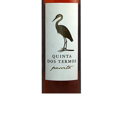 Quinta dos Termos - Branco Colheita Tardia - PASSITO 2012 Garrafa de vinho rosé com rótulo de cegonha e texto Quinta dos Termos passito