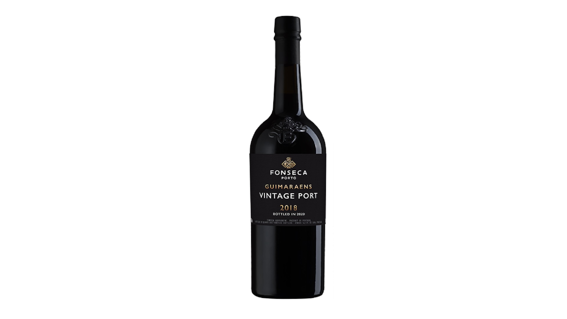 Garrafa de vinho do Porto vintage Fonseca 2018 com rótulo preto