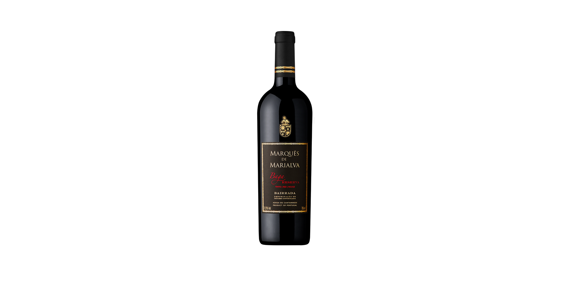 MARQUÊS DE MARIALVA RESERVA BAGA Garrafa de vinho tinto Marques de Marcondes com rótulo preto e dourado