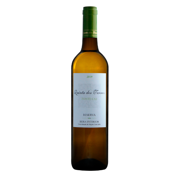 Quinta dos Termos Branco DOC Reserva Fonte Cal Garrafa de vinho branco Quinta dos Termos reserva 2019 com rótulo branco e tampa verde