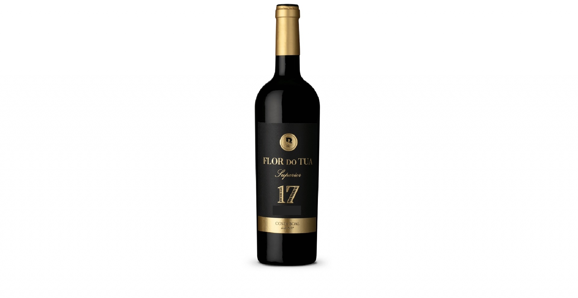 Flor do Tua - Superior 17 Garrafa preta de vinho tinto com rótulo e cápsula dourados