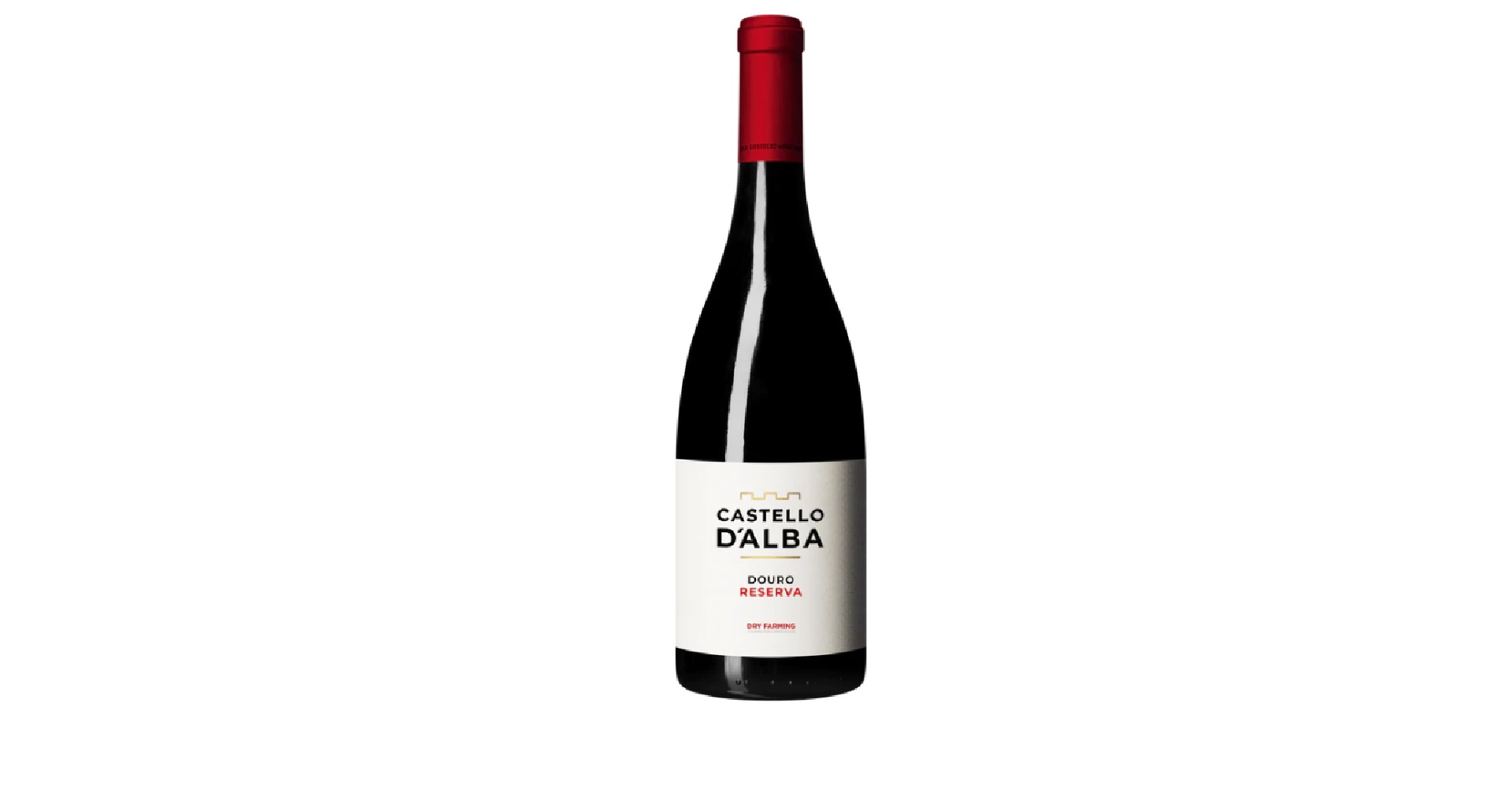 Castelo d'Alba Reserva Tinto Garrafa de vinho Castello D'Alba com rótulo branco e cápsula vermelha