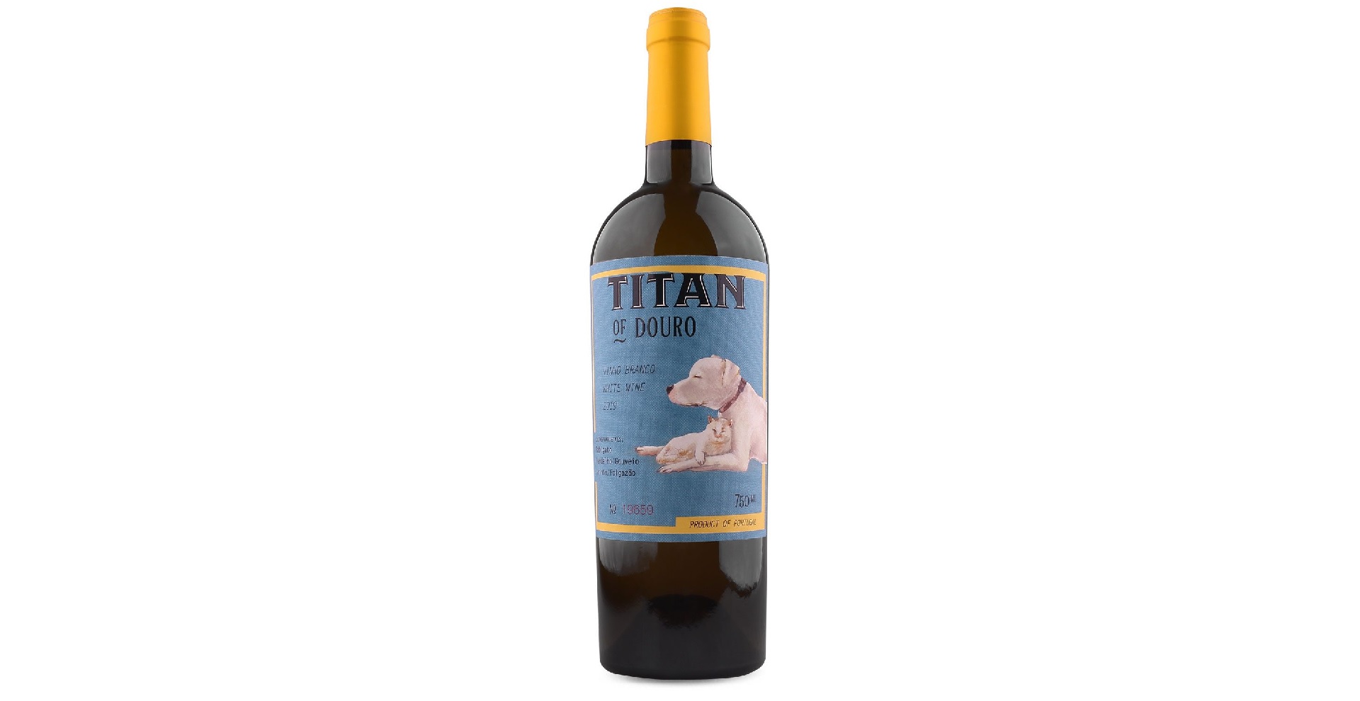 Titan of Douro - Branco Garrafão de vinho tinto com rótulo azul e cão desenhado.