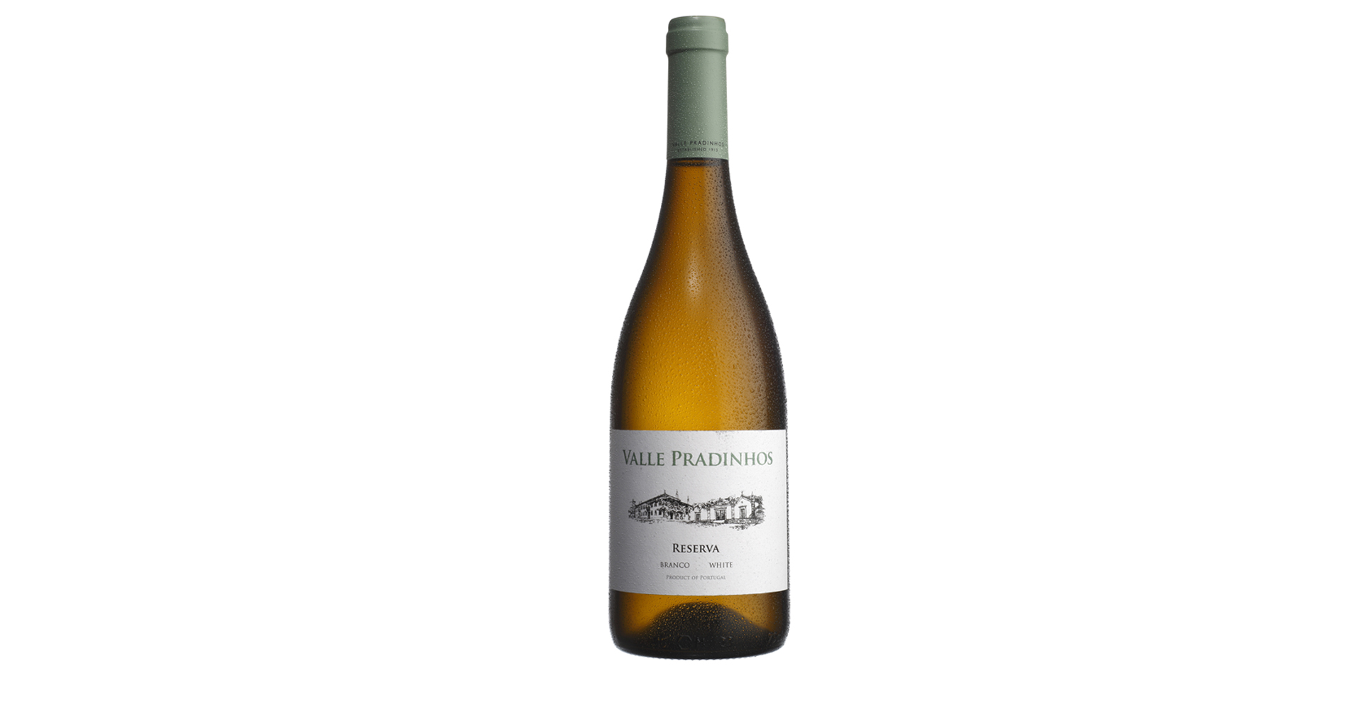 Valle Pradinhos Reserva Branco 2021 Garrafa de vinho branco com rótulo branco e texto VALLE PRADINIES RISERVA