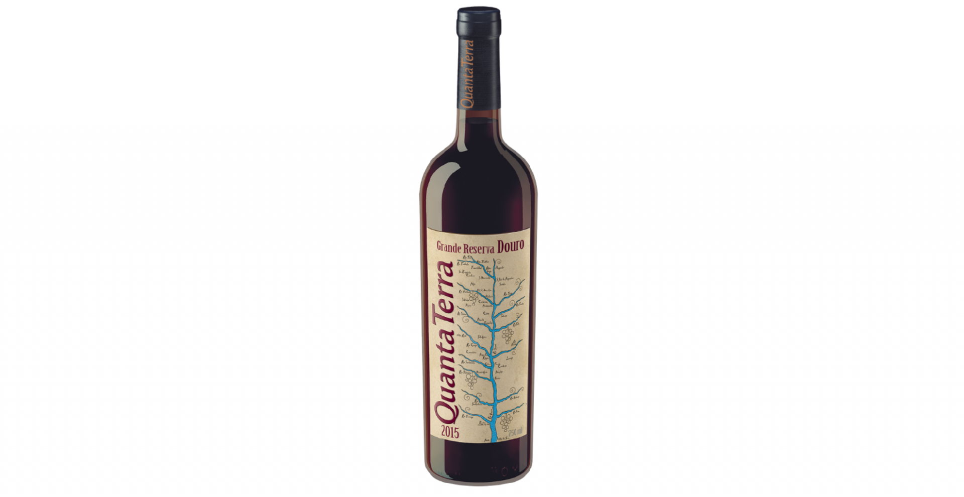 Quanta Terra Grande Reserva Tinto Garrafa de vinho tinto Quanta Terra 2015 com rótulo creme e árvore azul