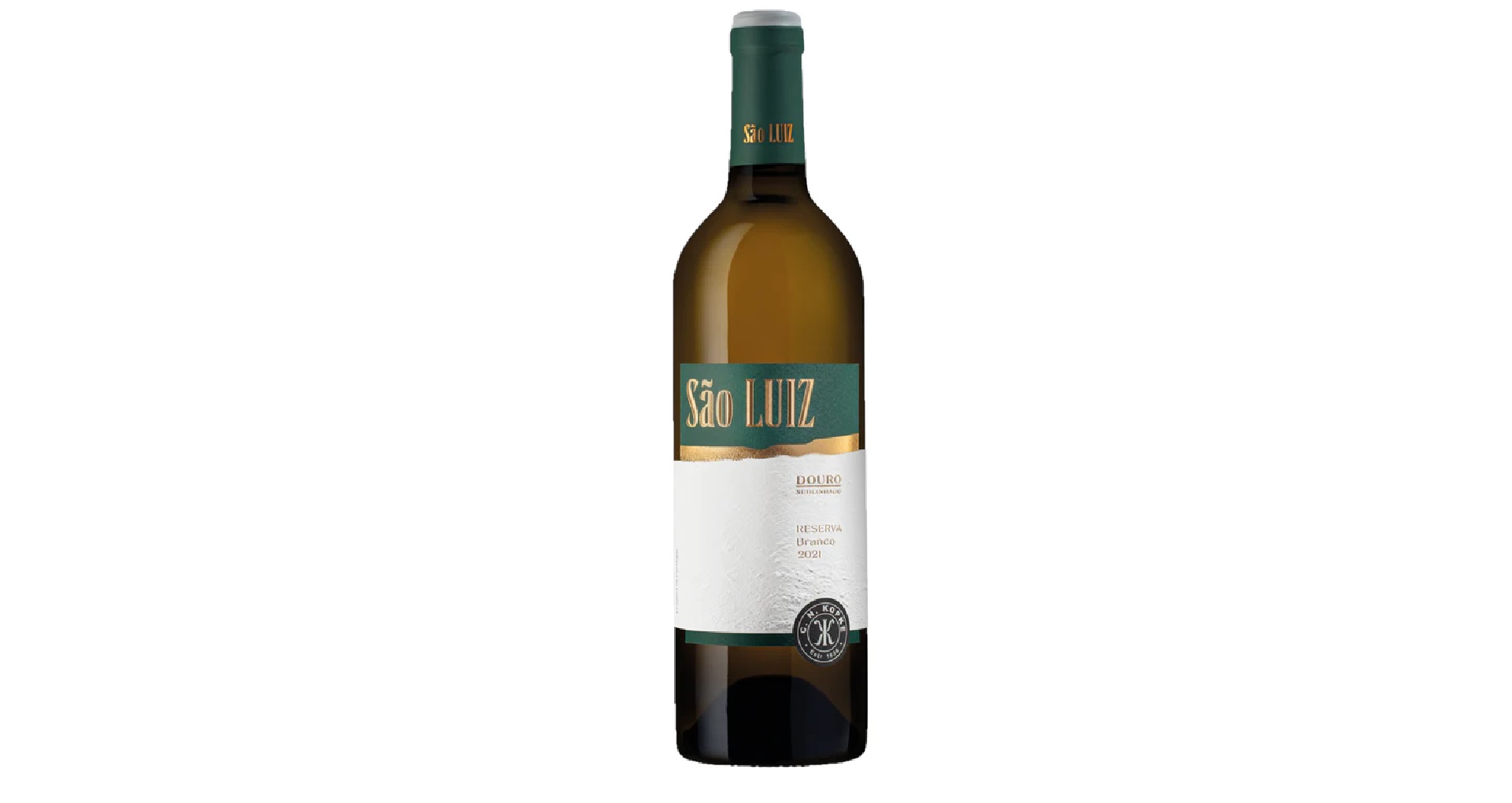 Kopke - Quinta de São Luiz - Reserva Branco Garrafa de vinho São Luiz com rótulo verde e branco