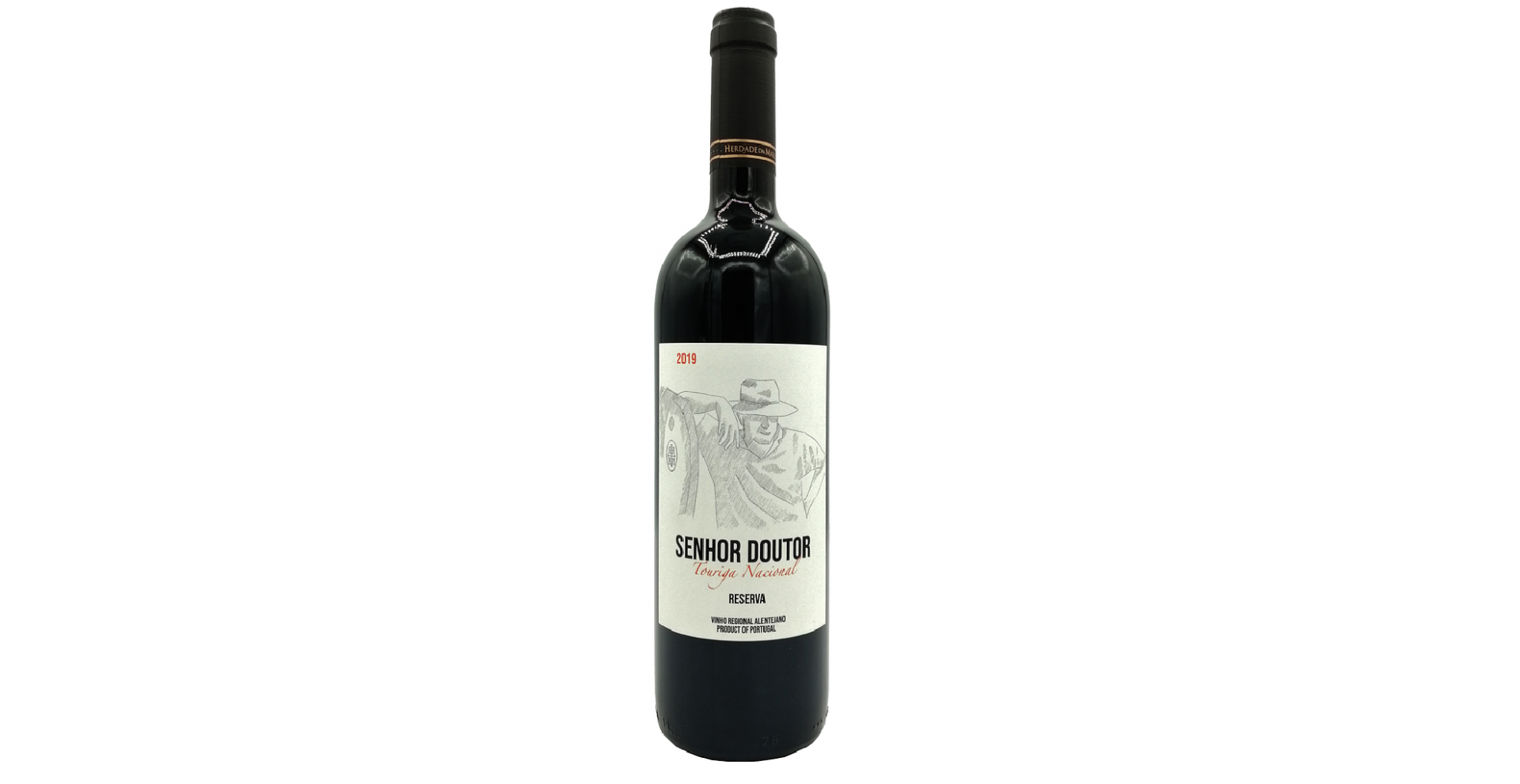 Senhor Doutor Touriga Nacional 2022 Garrafa de vinho tinto Senhora Coutinho com rótulo branco e desenho de pessoa com chapéu
