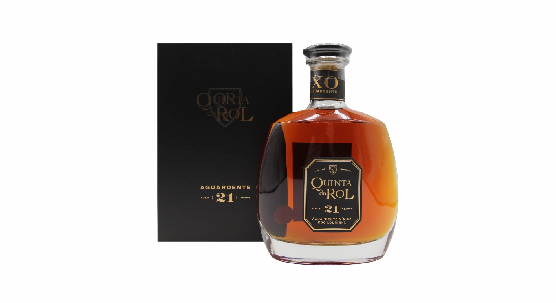 Quinta do Rol – Aguardente Vínica Velha 21 Anos XO – DOC Lourinhã Garrafa de aguardente Quinta do Rol 21 anos com caixa preta dourada