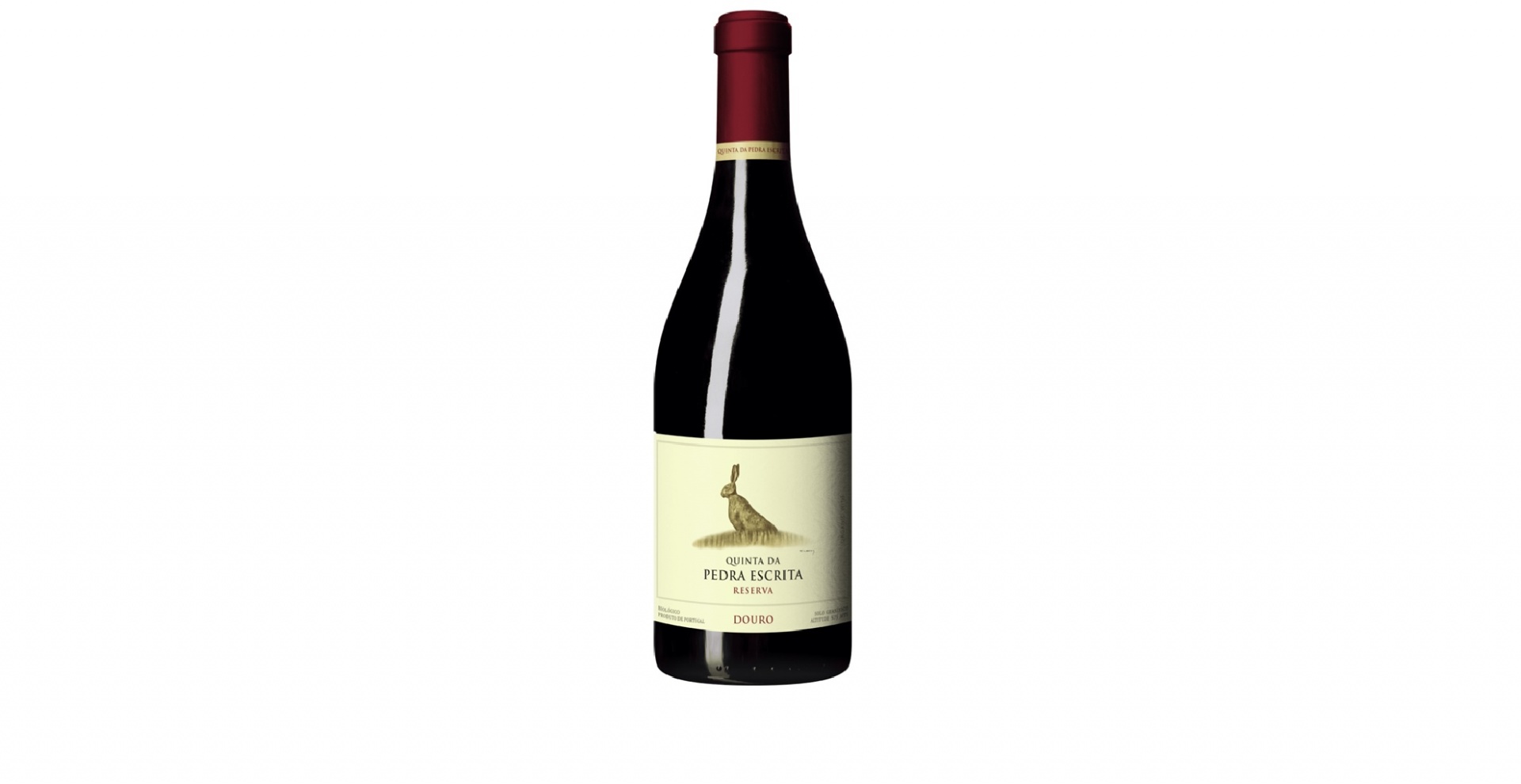 Quinta da Pedra Escrita - Reserva Tinto Garrafa de vinho tinto com rótulo branco e tampa vermelha