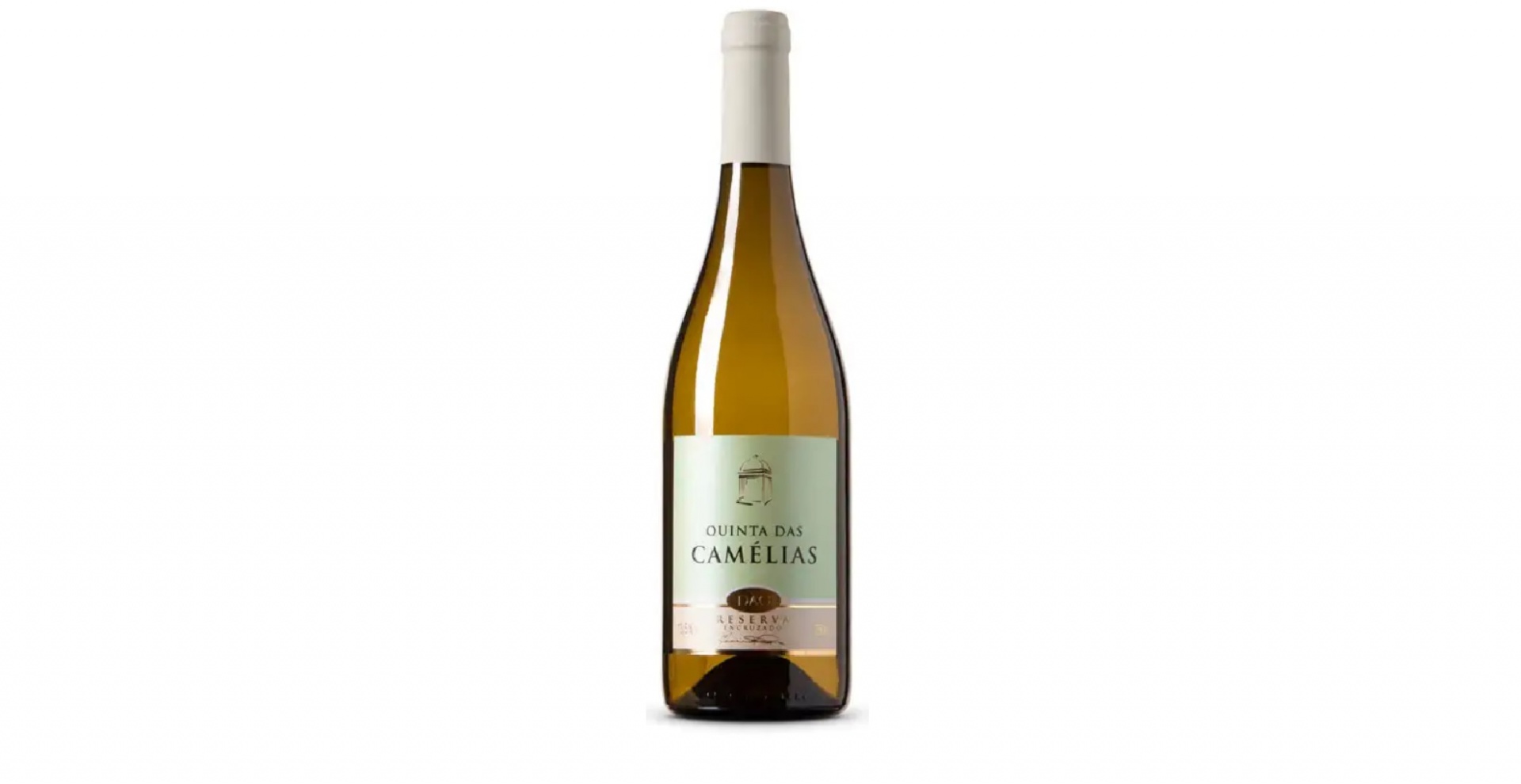 Quinta das Camélias - Encruzado - Reserva Garrafa de vinho branco Quinta das Camélias com rótulo e tampa brancos.