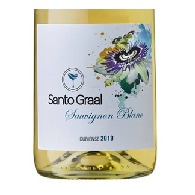 Santo Graal - Sauvignon Blanc Rótulo vinho branco Santo Graal Sauvignon Blanc 2019 com flor colorida e símbolo taça