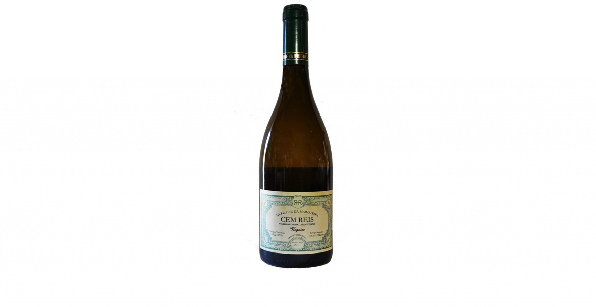 Cem Reis Branco - Viognier Garrafa de vinho branco com rótulo branco e verde-claro