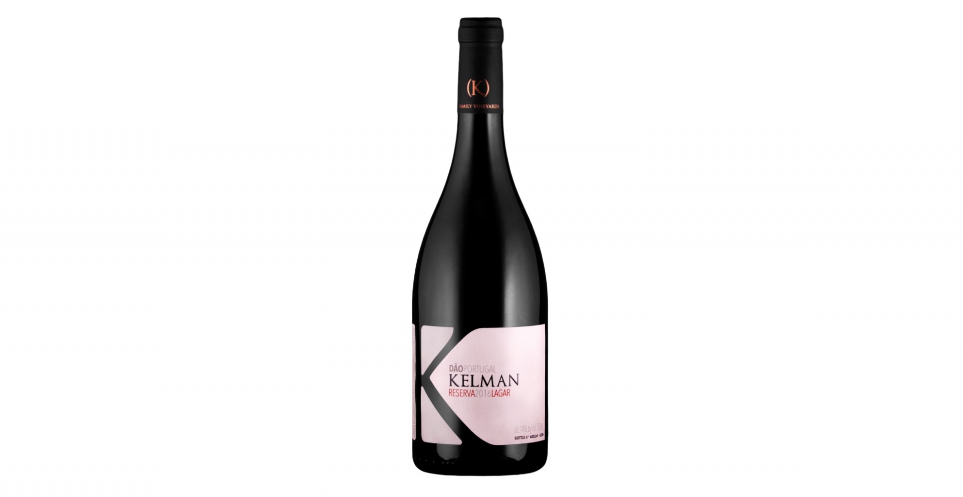 Kelman Reserva do Lagar Garrafa de vinho tinto Kelman com rótulo rosa claro e letra K