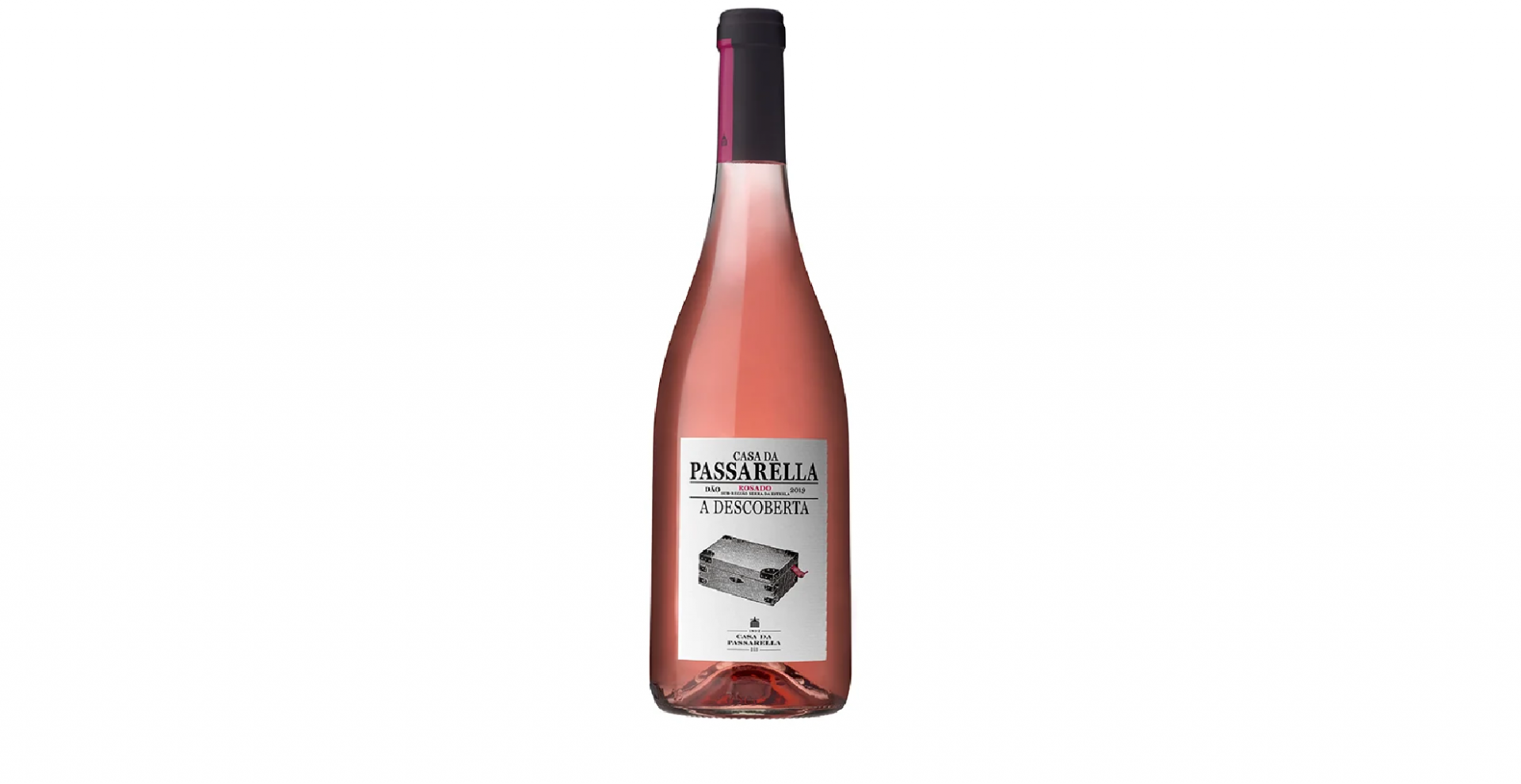 Casa Da Passarella A Descoberta Rosé Garrafa de vinho rosé com rótulo branco e tampa preta e rosa
