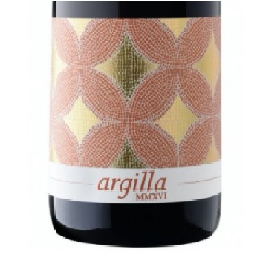 Argilla Tinto Garrafa de vinho com rótulo geométrico terra e amarelo, texto argilla MMXVI