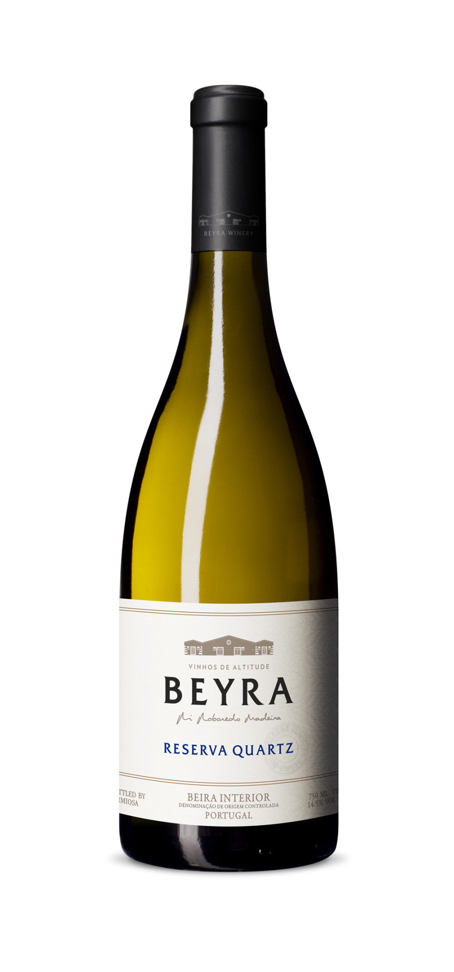 Beyra Reserva Branco - Quartz Garrafas de vinho branco BEYRA Reserva Quartz com rótulo branco e tampa preta
