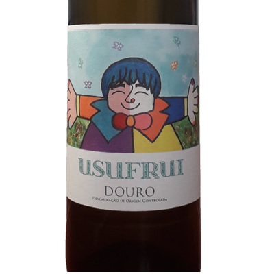 Usufrui - Branco 2020 - DOC Douro Superior Garrafa de vinho USUFRUI DOuro com rótulo ilustrado colorido