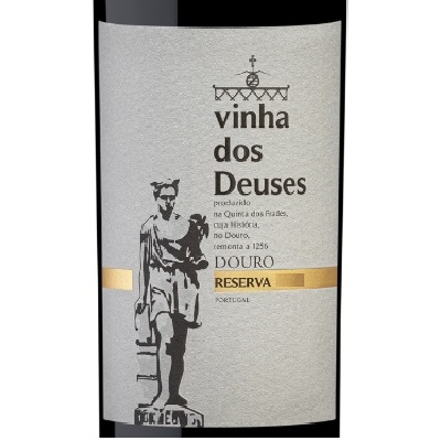 Quinta dos Frades - Vinha dos Deuses - Reserva - Tinto Vinho do Douro Vinha dos Deuses com rótulo cinzento e dourado e imagem de estátua