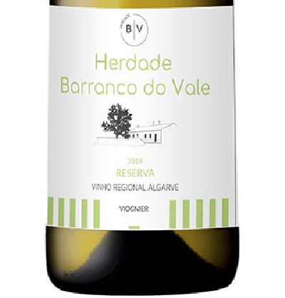 Herdade Barranco do Vale - Viognier - Reserva - Branco Rótulo de garrafa de vinho branco com texto e ilustração minimalista em verde.