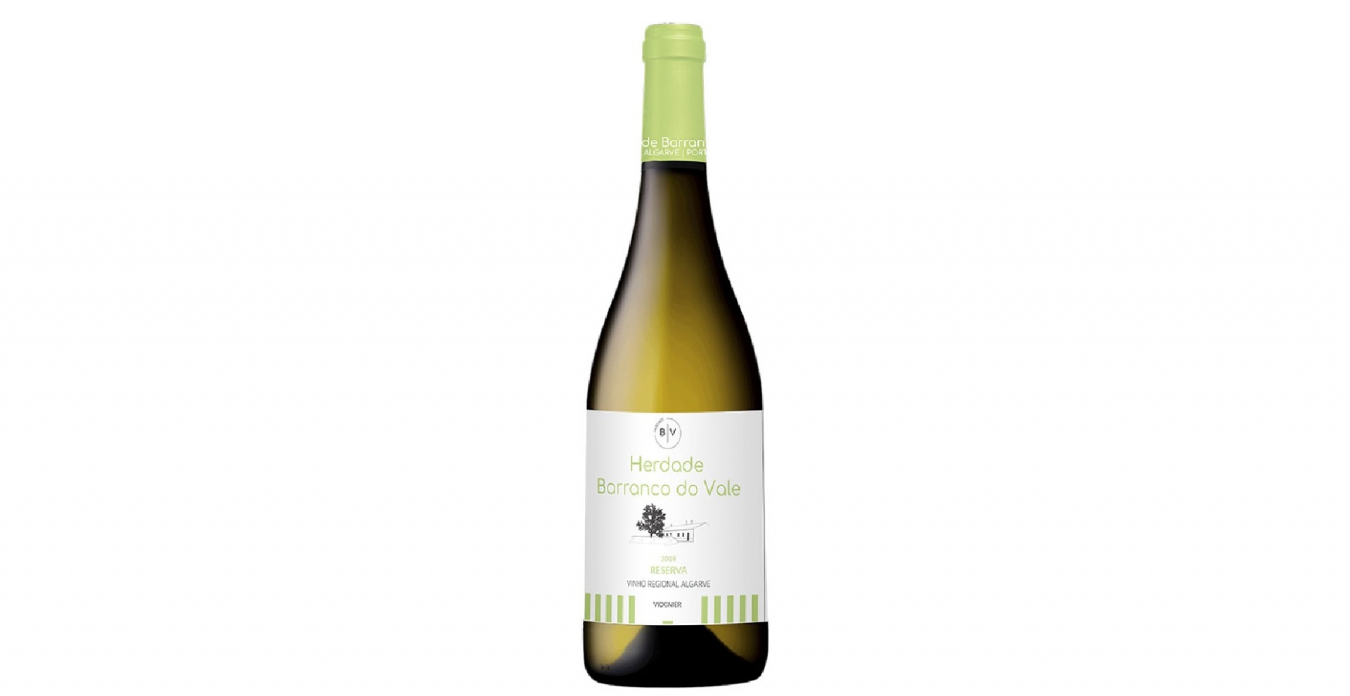 Herdade Barranco do Vale - Viognier - Reserva - Branco Garrafa de vinho branco com rótulo branco e verde claro