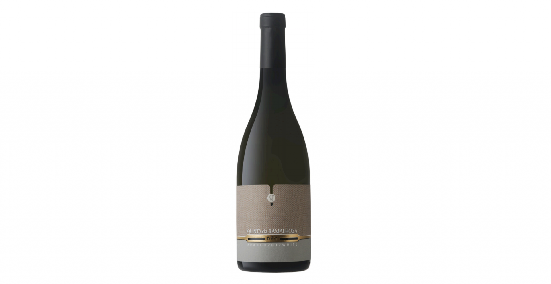 Quinta da Ramalhosa Branco Garrafa de vinho com rótulo bege e dourado e cápsula preta em fundo branco