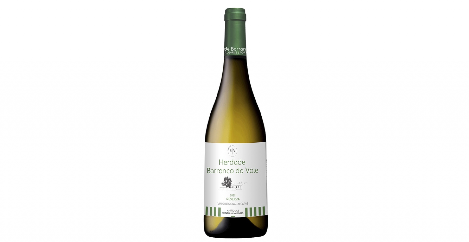 Herdade Barranco do Vale - Reserva - Branco Garrafa de vinho branco com rótulo Herdade do Barrocal do Vale e tampa verde