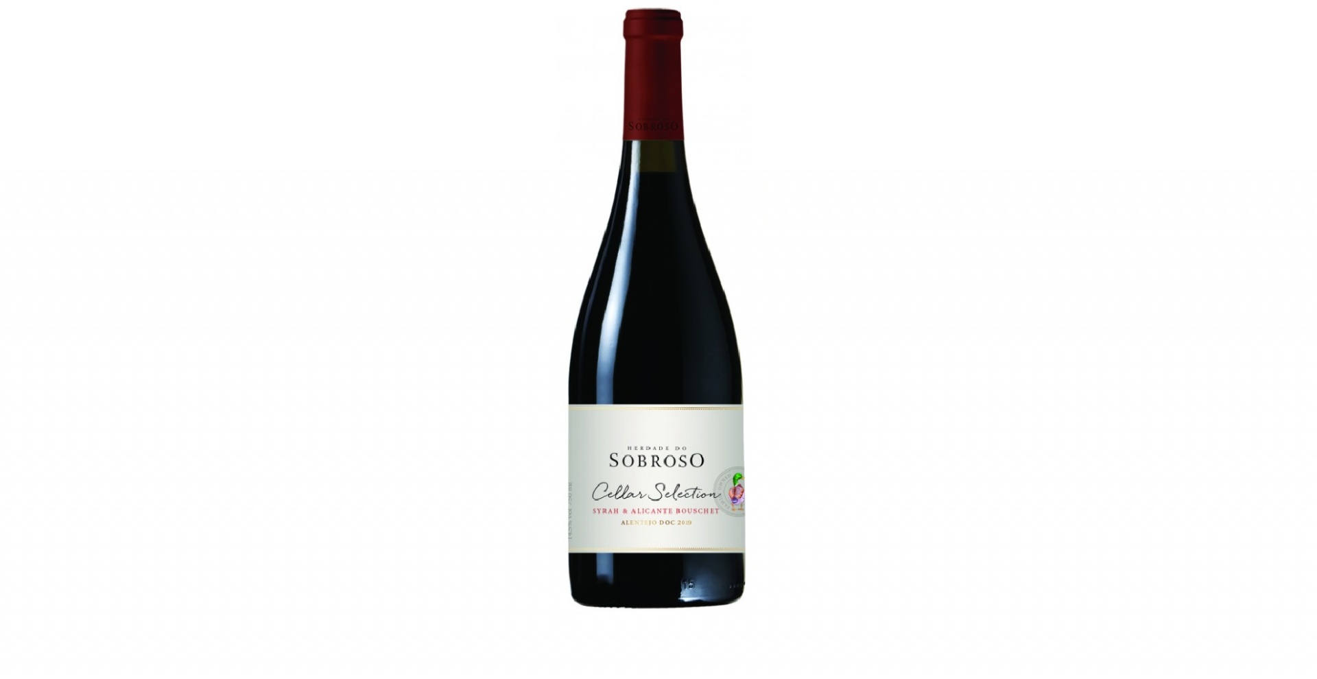 Herdade do Sobroso Cellar Selection Tinto Garrafa de vinho tinto Sôrroso Colheita Selecionada com cápsula vermelha e rótulo branco