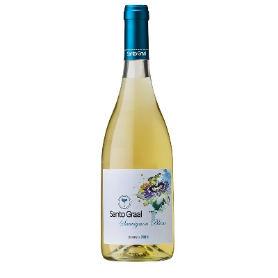 Santo Graal - Sauvignon Blanc Garrafa de vinho branco Santo Graal Sauvignon Blanc com rótulo branco e tampa azul
