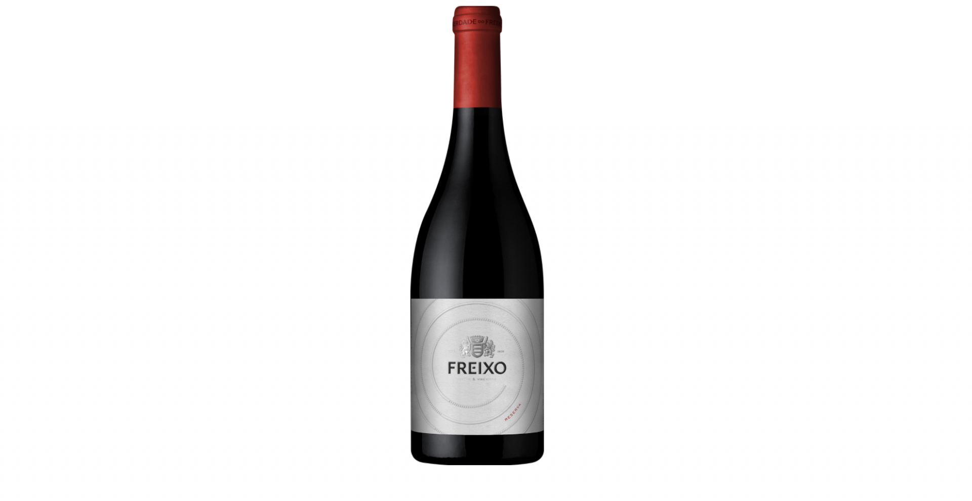 Herdade do Freixo Reserva Tinto Garrafa de vinho tinto com tampa vermelha e rótulo branco com texto FREIXO