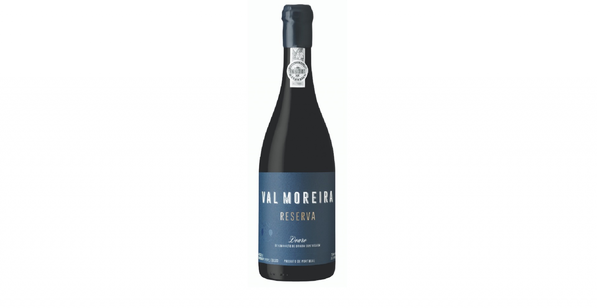 Quinta do Val Moreira - Reserva Tinto Garrafa preta de vidro com rótulo azul de espumante ou vinho