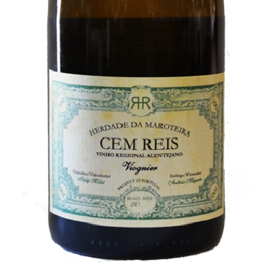 Cem Reis Branco - Viognier Garrafa de vinho com rótulo verde e branco mostrando informações do vinho Cem Reis