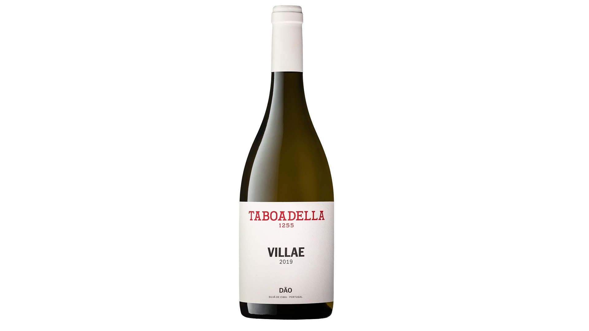 Taboadella Villae Branco Garrafa de vinho branco Taboadella Villæ 2019 com rótulo branco e texto vermelho e preto