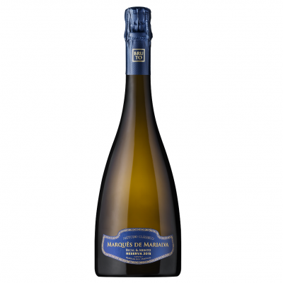 Garrafa de espumante Marques de Marquina com rótulo azul e dourado