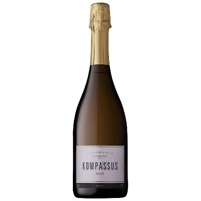 Garrafa de espumante Kompassus Rosé com rótulo branco e tampa dourada
